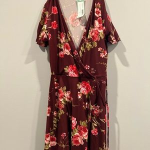 Burgundy floral wrap dress